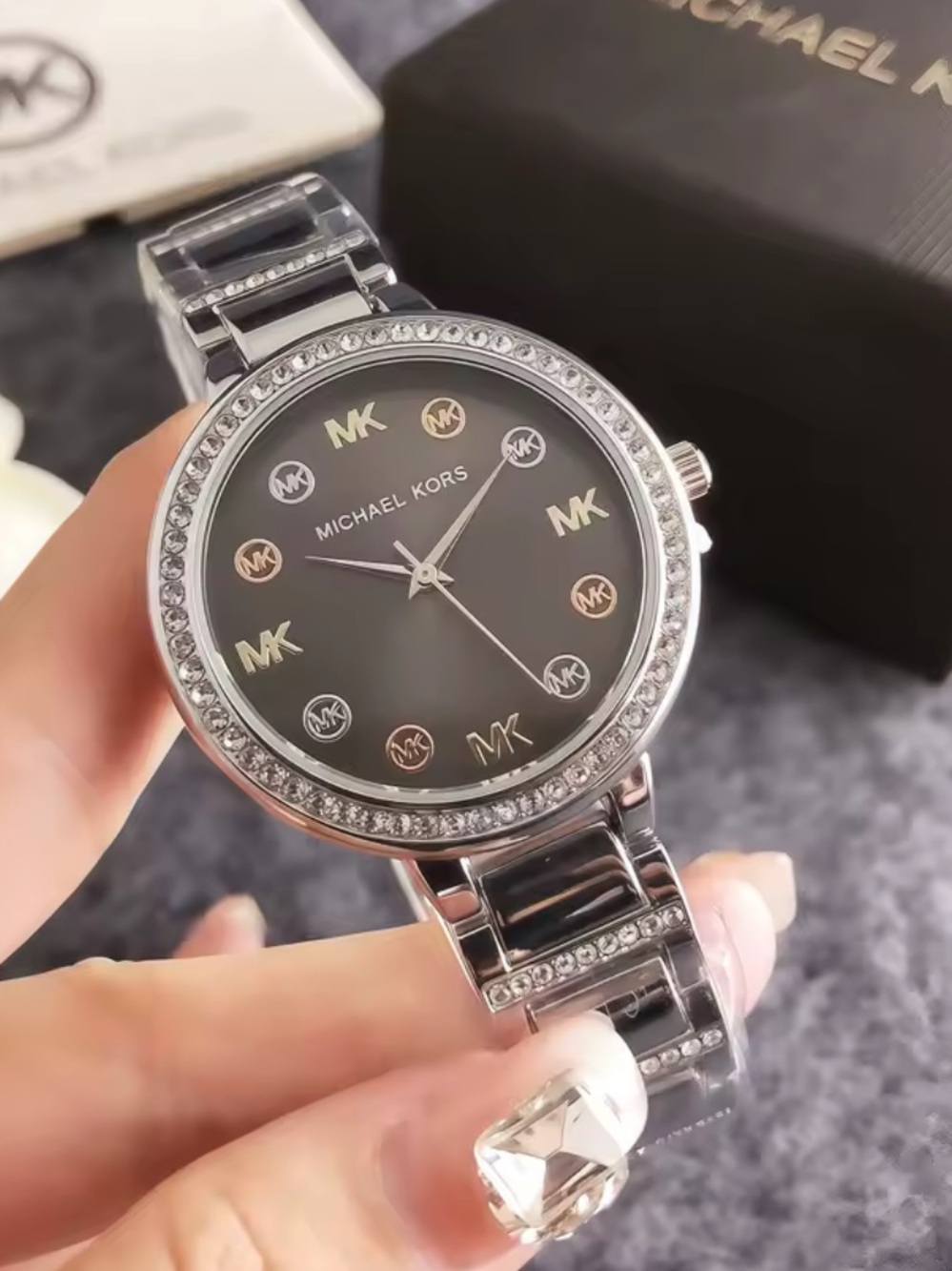Designer inspired Michael Kors Women's Silver Watch with Black Dial and Crystal
